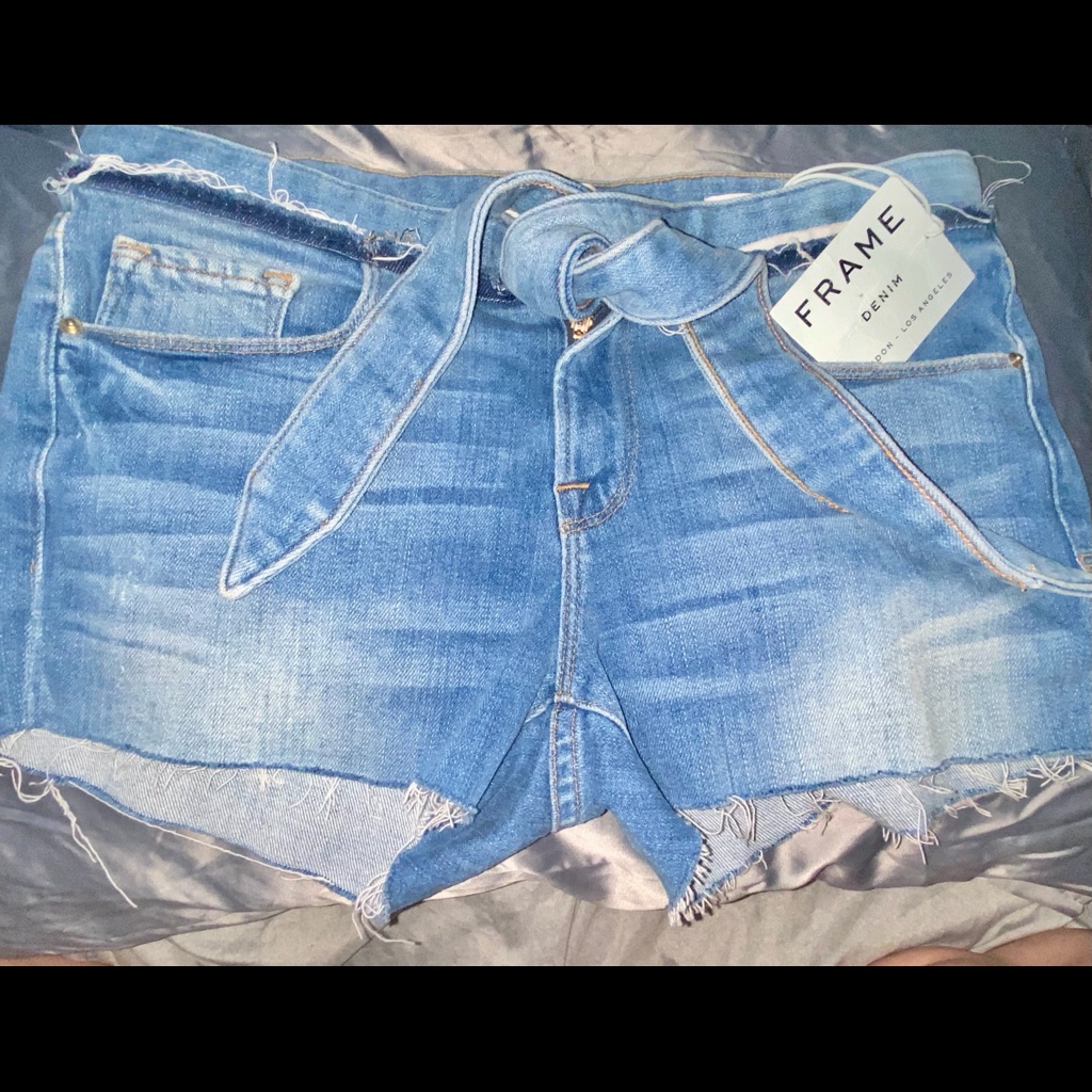 Frame Le Cutoff Released Tie-Waist Denim Shorts